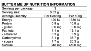 BUTTER ME UP sample nutrition information panel